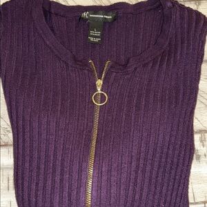Plum/Purple Ribbed Sweater Zipper Front Crewneck 3/4 Sleeves Inc. International